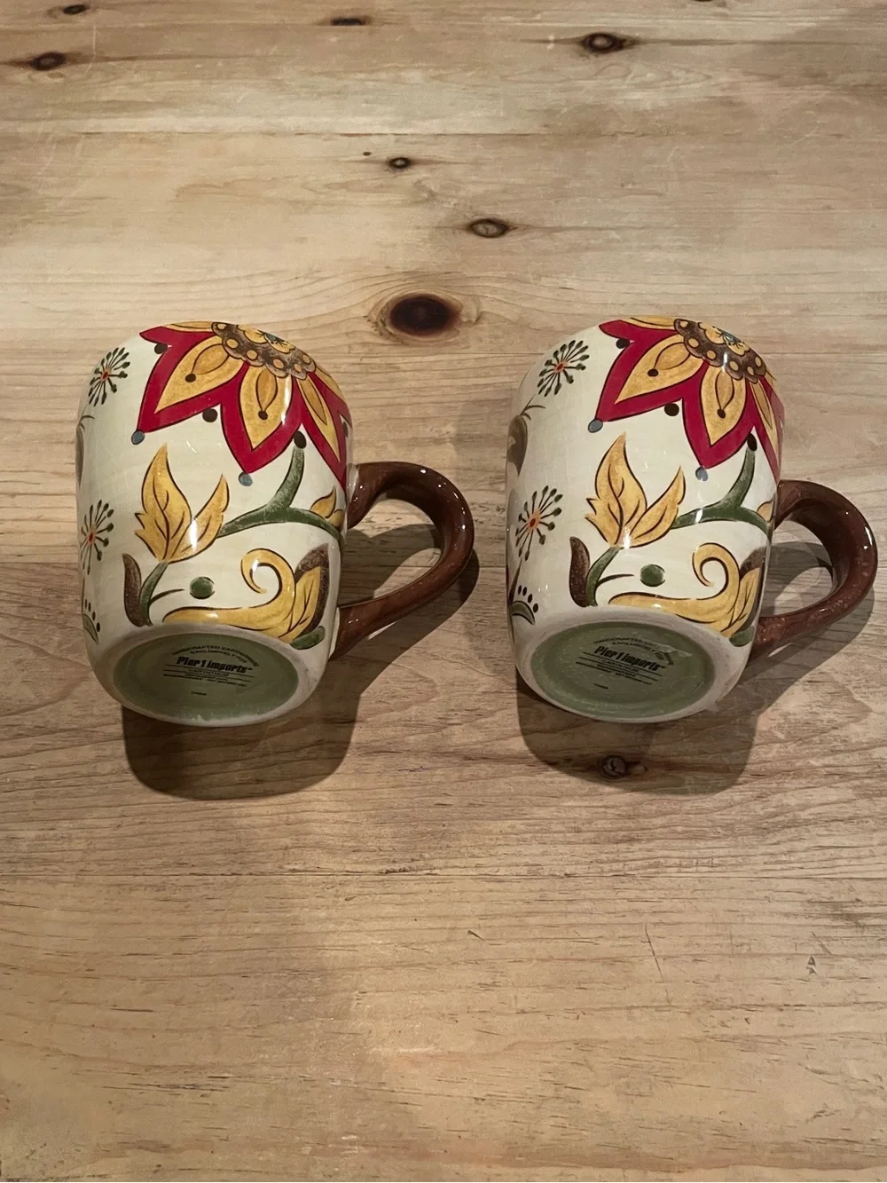Pier 1 Carynthum Botanical Mugs (2) retired green interior brown handle 14oz